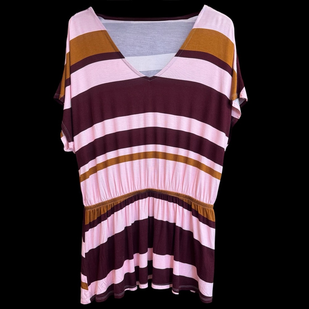Lane Bryant Pink Wine Brown Stripe Peplum Stretchy Blouse Plus‎ Size 14/16 #176